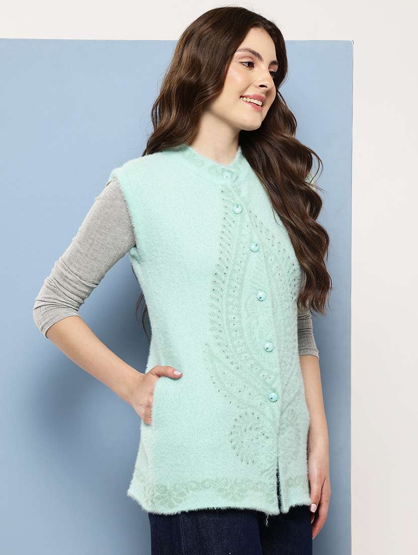 women self designed sleeveless cardigan - 22086550 -  Standard Image - 1