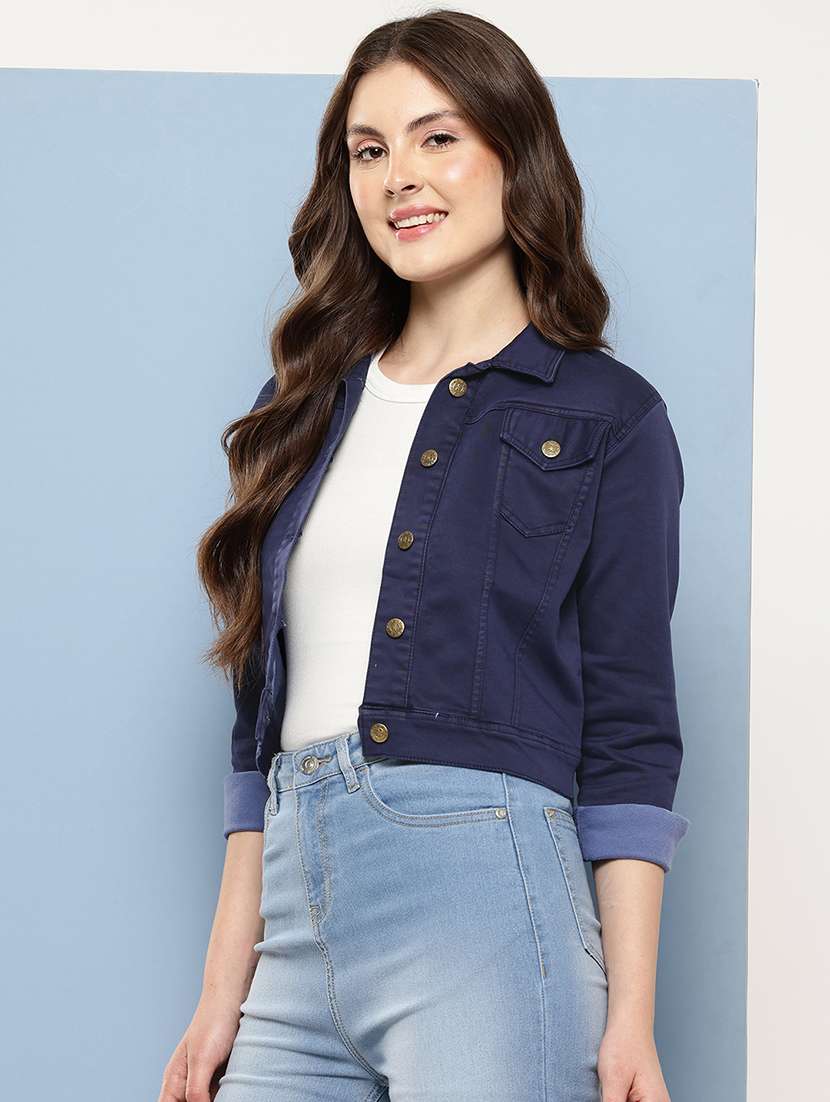 women solid long sleeev collared denim jacket - 22086560 -  Standard Image - 1