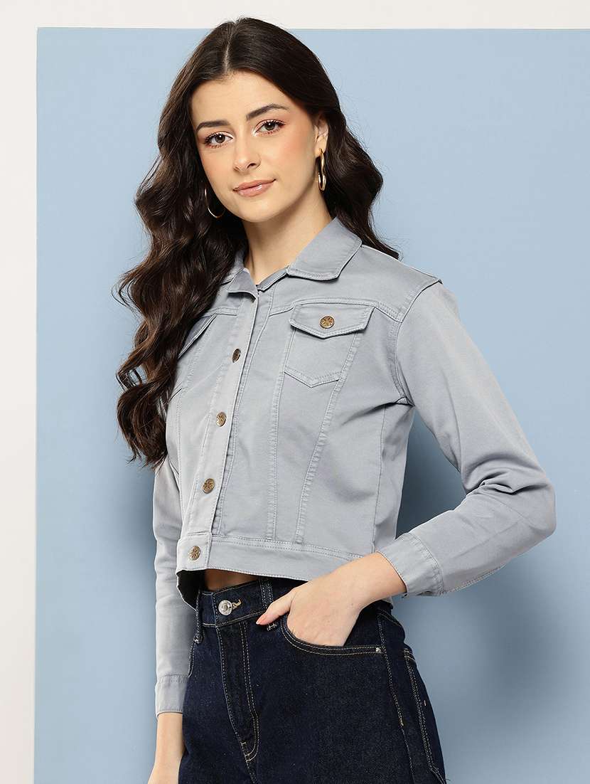 women solid long sleeev collared denim jacket - 22086561 -  Standard Image - 1
