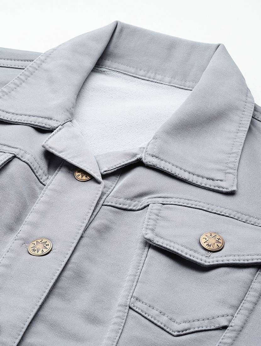 women solid long sleeev collared denim jacket - 22086561 -  Standard Image - 4