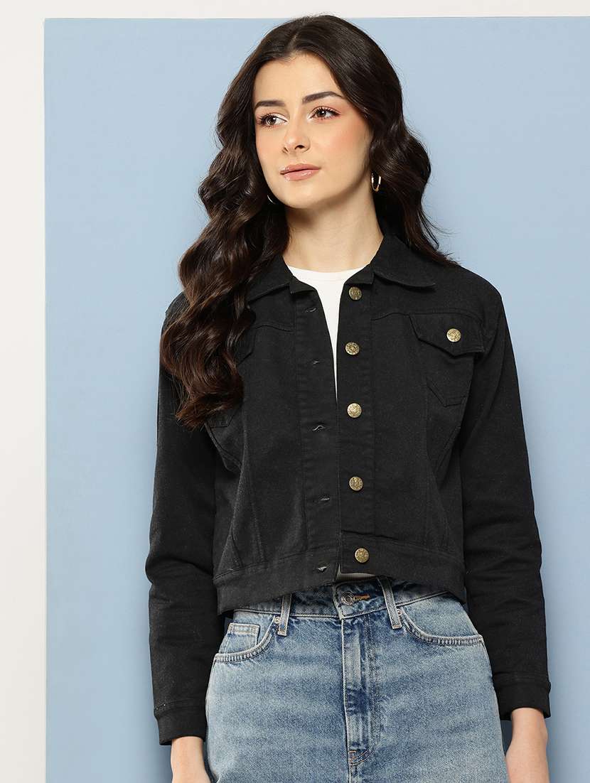 women solid long sleeev collared denim jacket
