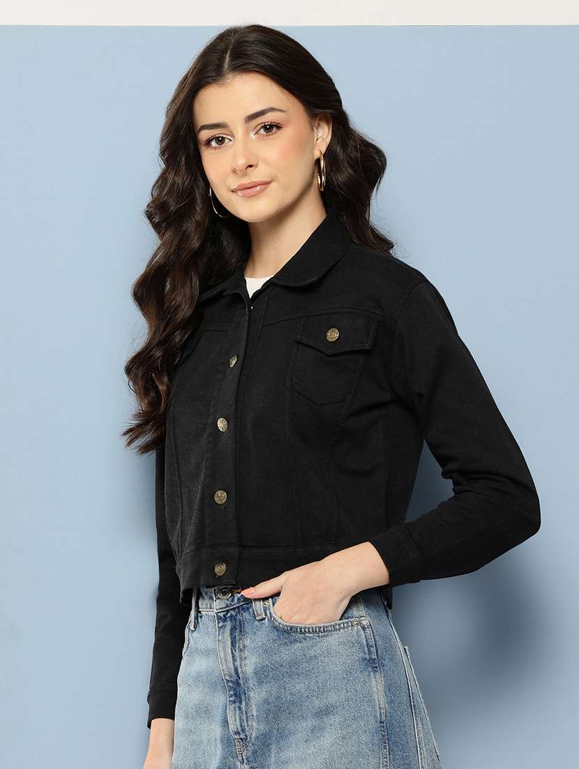 women solid long sleeev collared denim jacket - 22086563 - Standard Image - 1