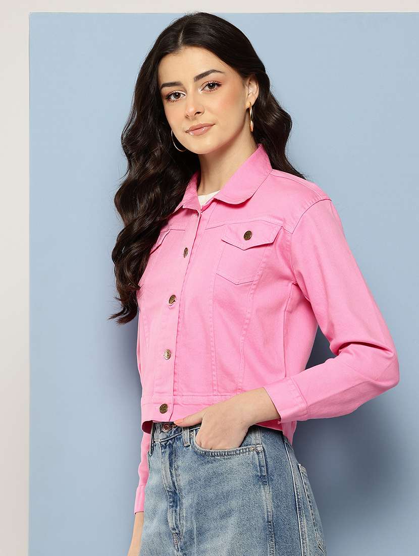 women solid long sleeve collared denim jacket - 22086564 -  Standard Image - 1
