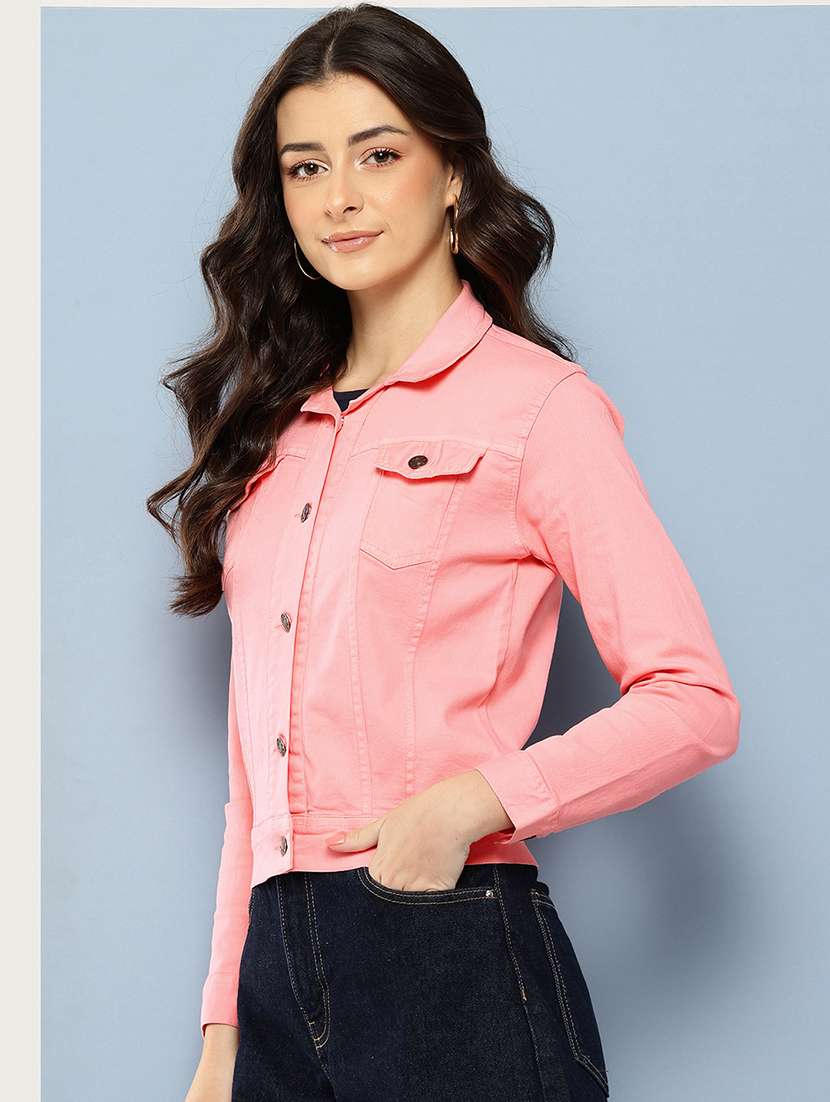 women solid long sleeve collared denim jacket - 22086565 -  Standard Image - 1