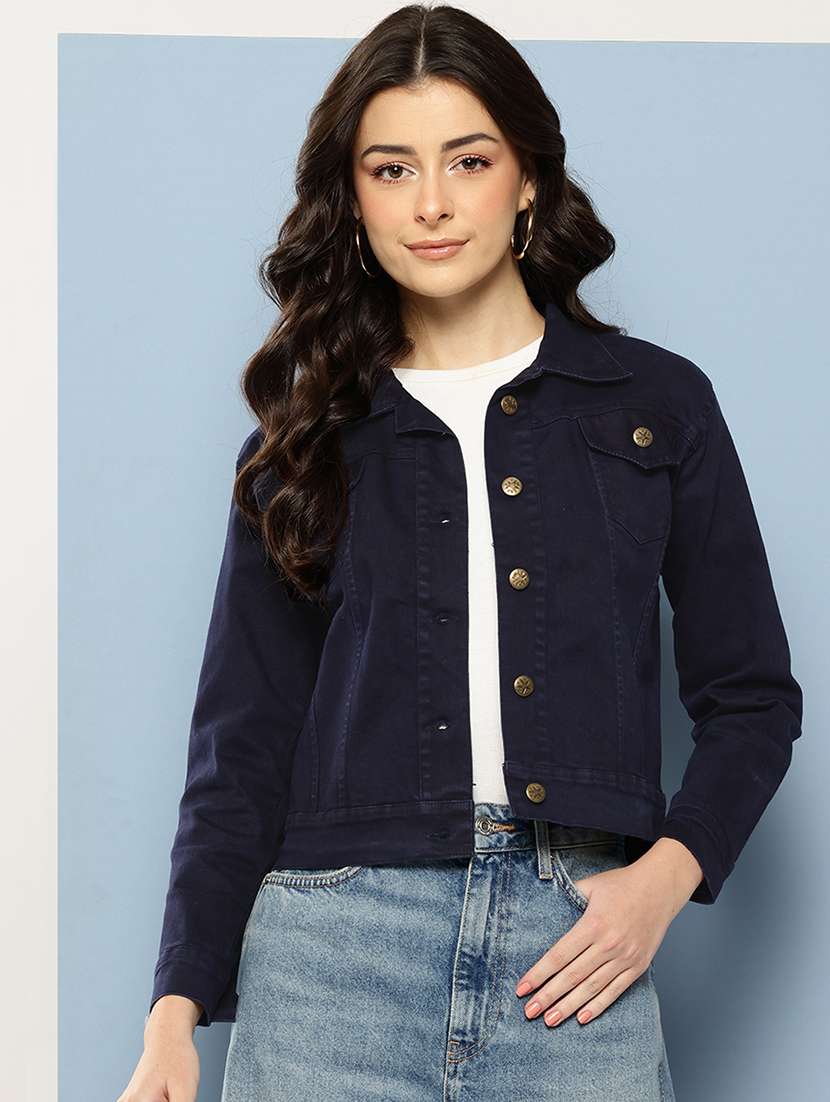 women solid long sleeve collared denim jacket