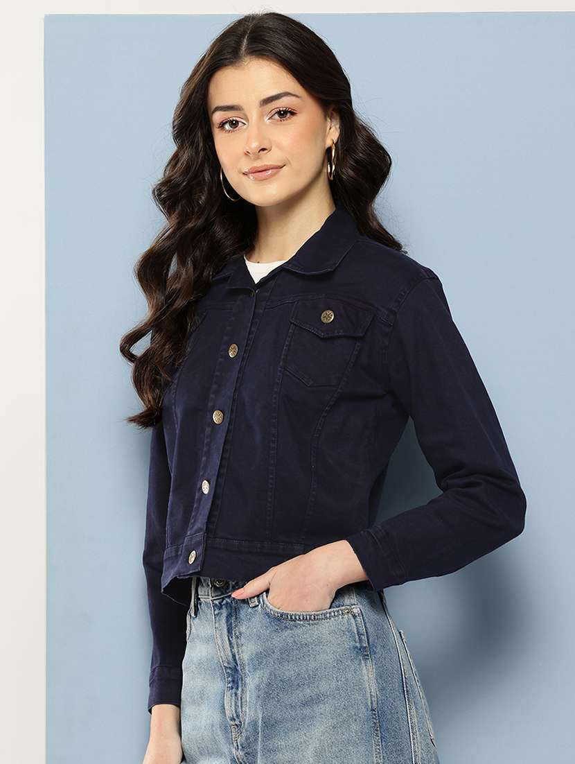 women solid long sleeve collared denim jacket - 22086566 -  Standard Image - 1