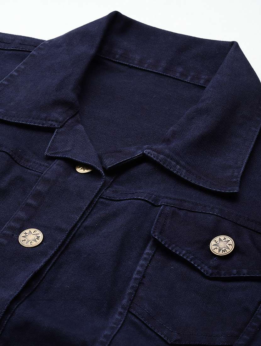 women solid long sleeve collared denim jacket - 22086566 - Standard Image - 4