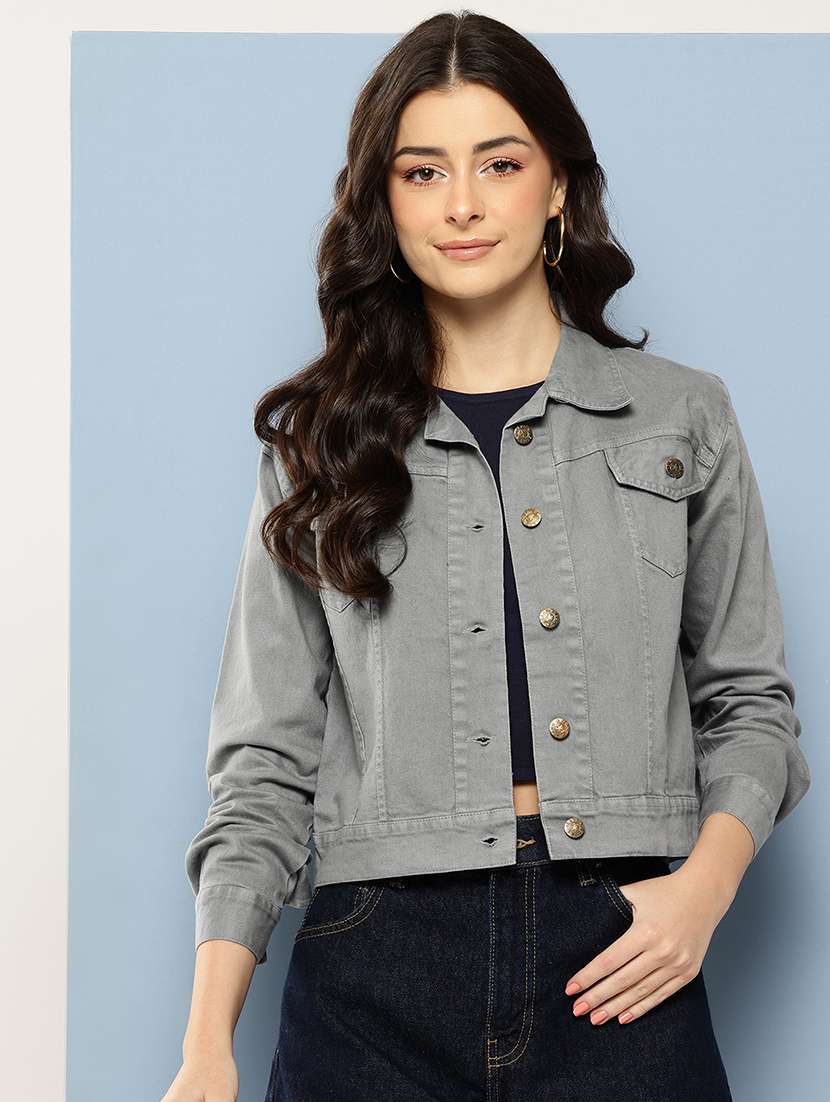 women solid long sleeve collared denim jacket - 22086567 - Zoom Image - 0