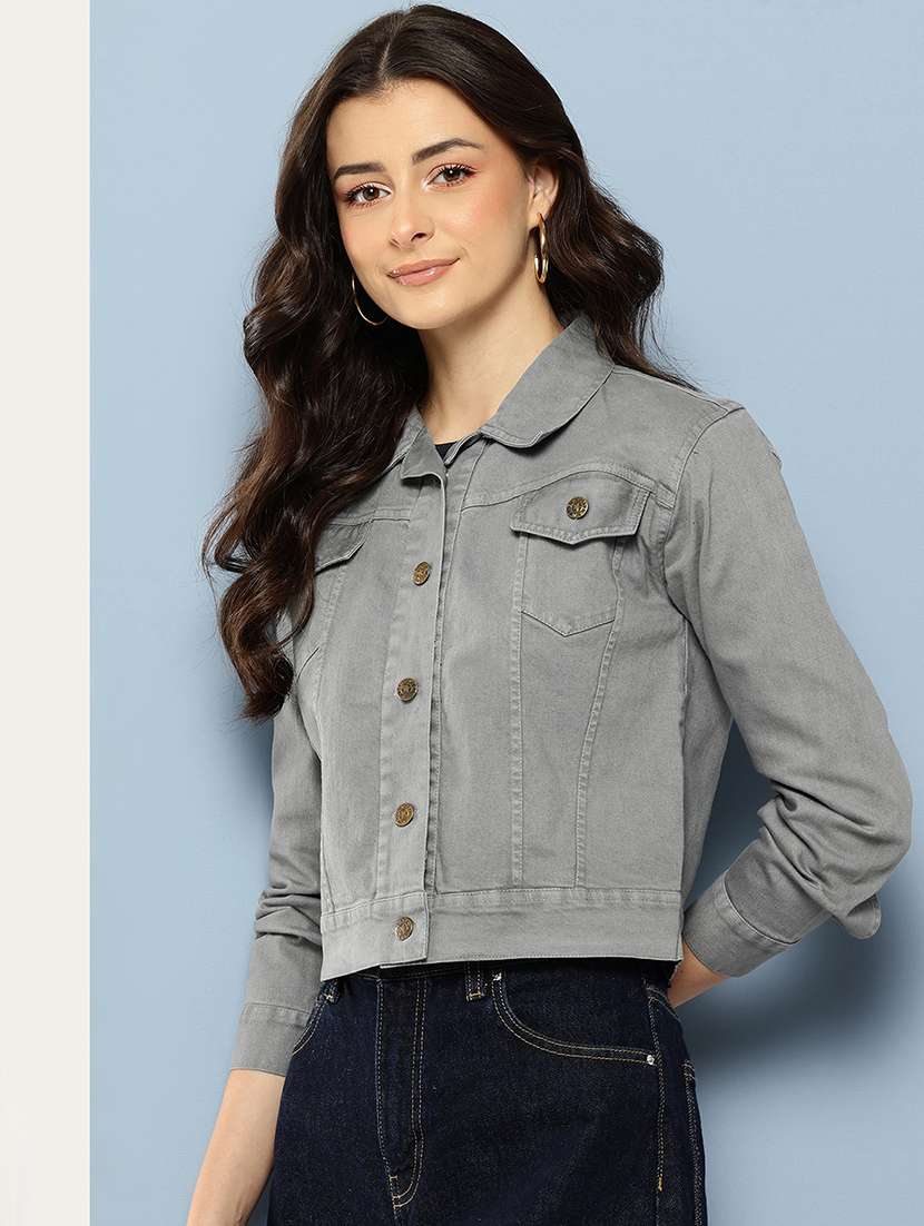 women solid long sleeve collared denim jacket - 22086567 -  Standard Image - 1