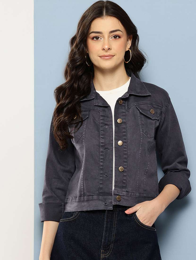 women solid long sleeve collared denim jacket