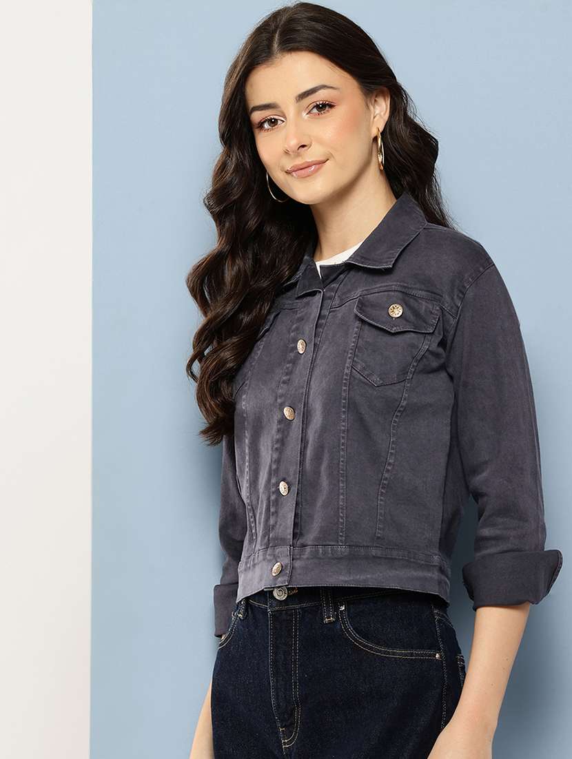 women solid long sleeve collared denim jacket - 22086568 -  Standard Image - 1