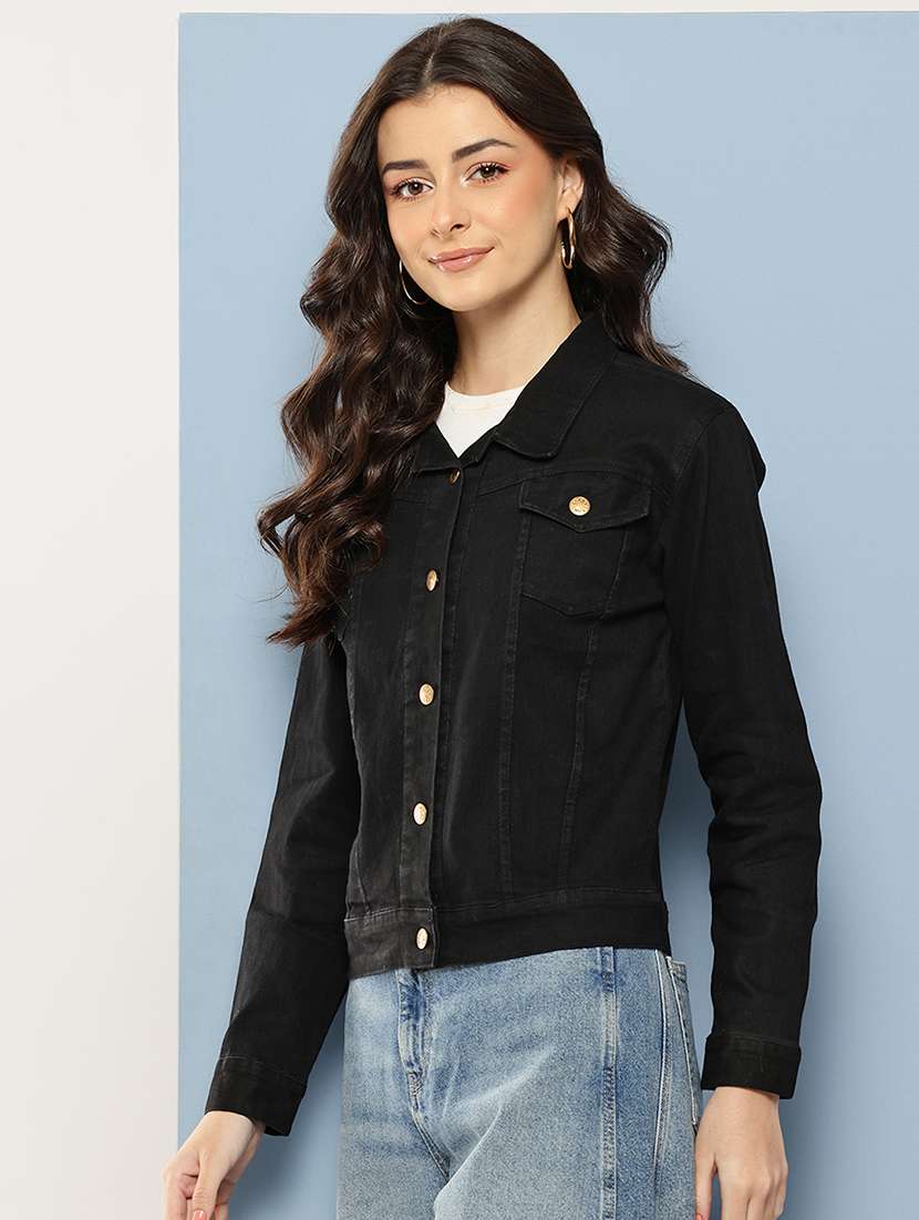 women solid long sleeve collared denim jacket - 22086569 -  Standard Image - 1