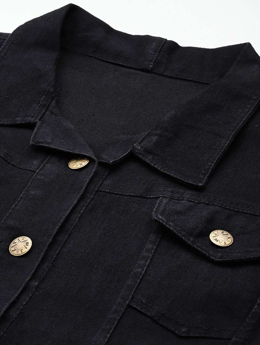 women solid long sleeve collared denim jacket - 22086569 - Standard Image - 4