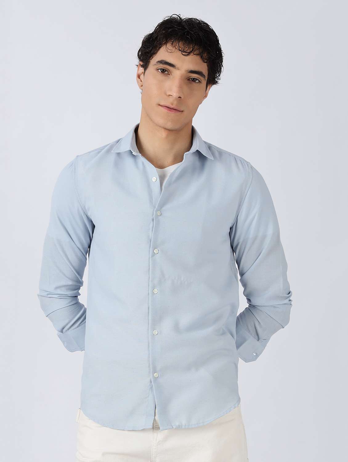 men solid long sleeve slim fit casual shirt