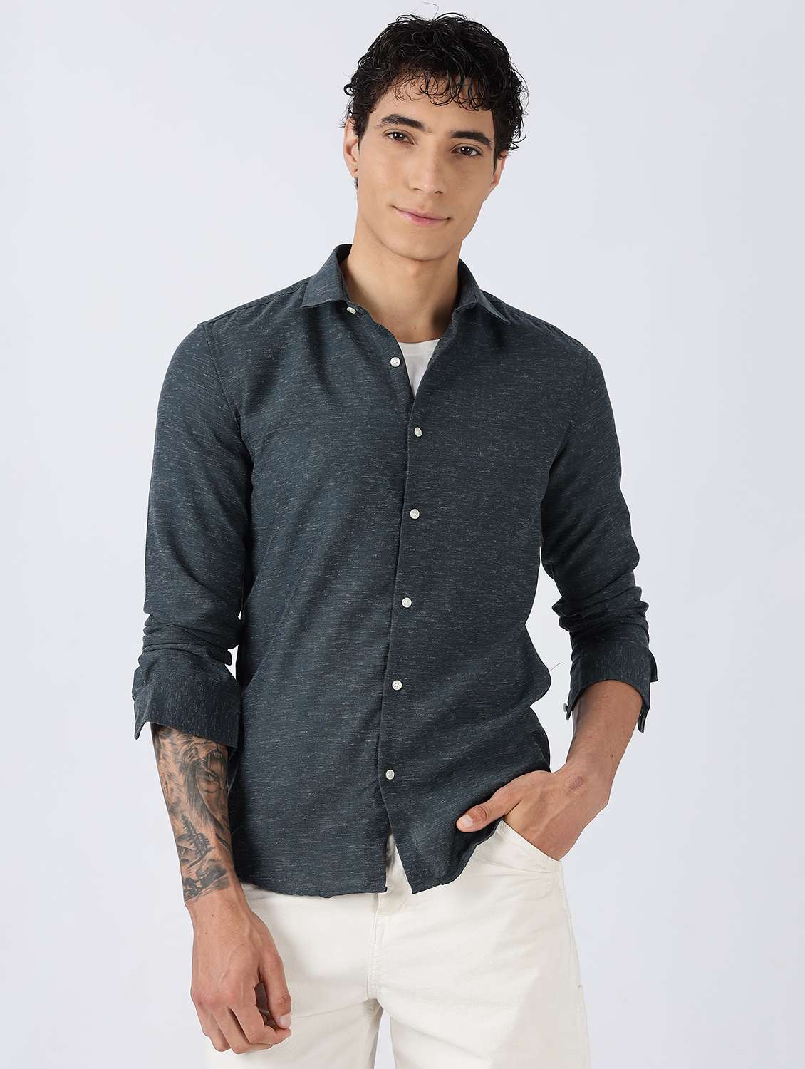 men solid long sleeve slim fit casual shirt