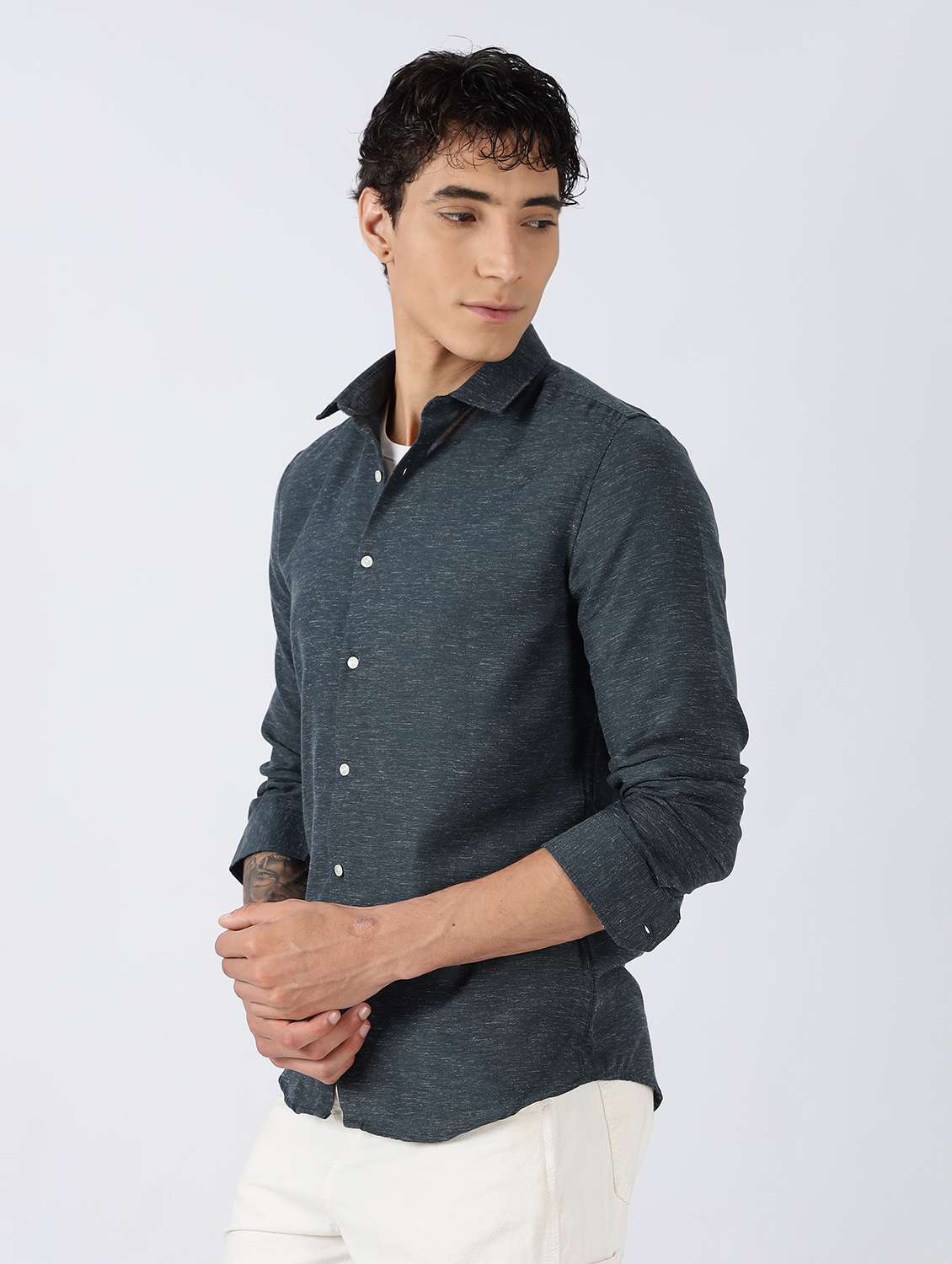 men solid long sleeve slim fit casual shirt - 22086629 -  Standard Image - 1