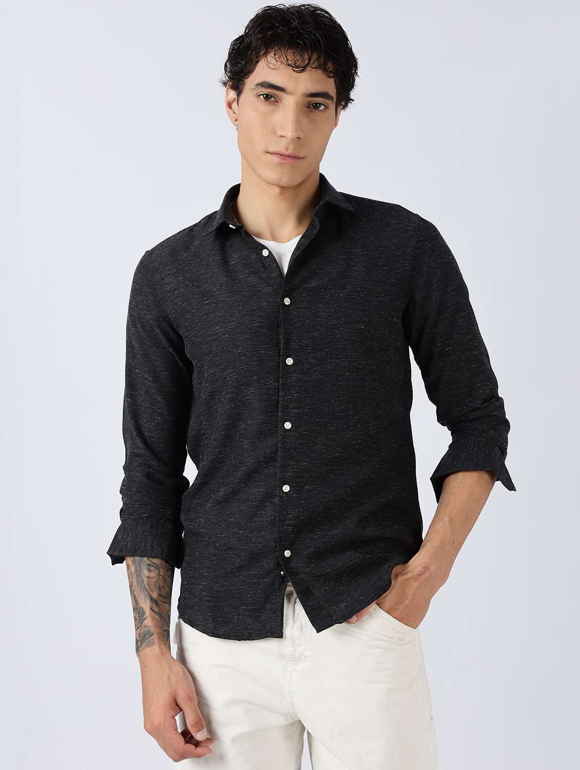 men solid long sleeve slim fit casual shirt - 22086630 - Zoom Image - 0