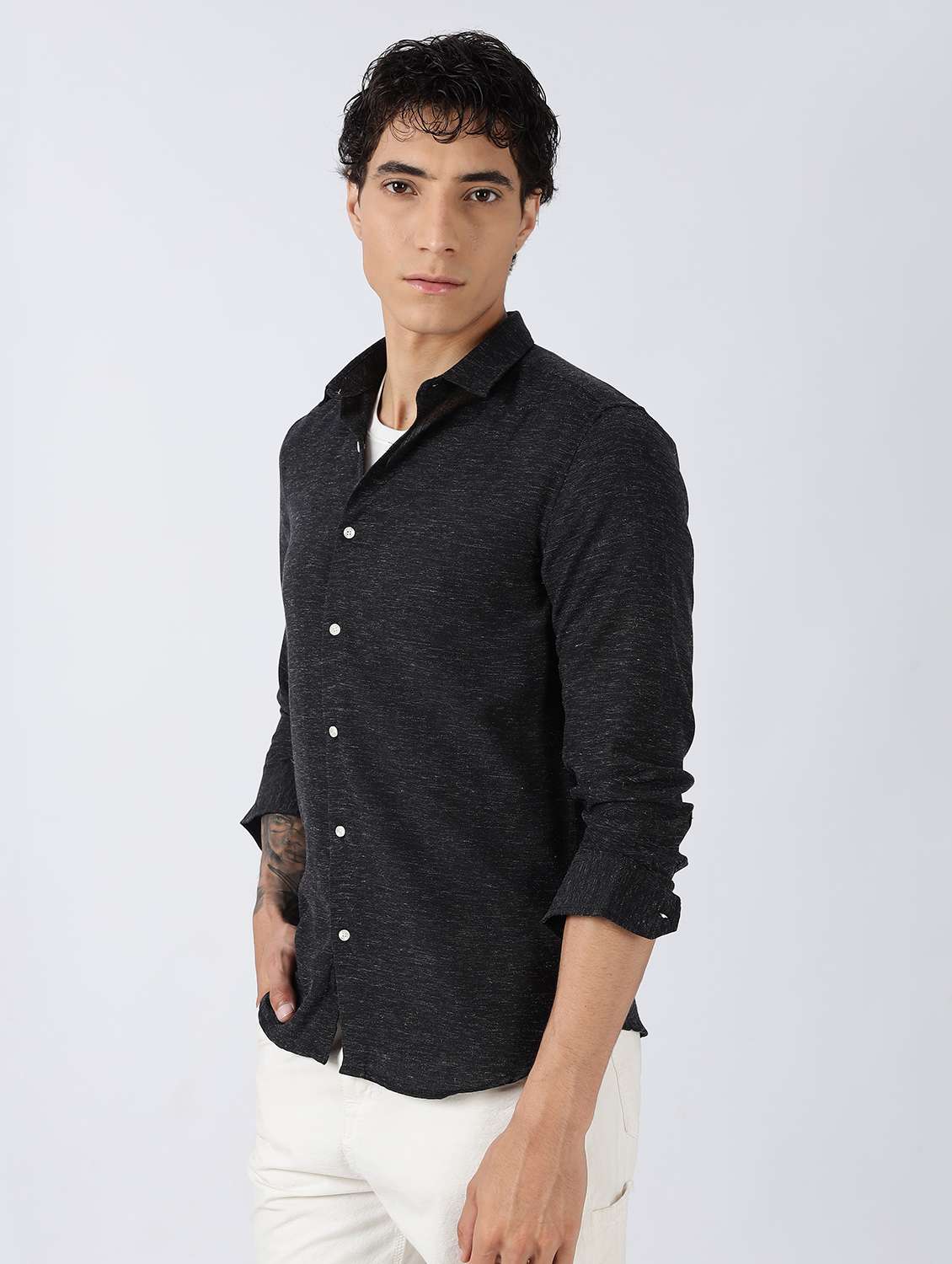 men solid long sleeve slim fit casual shirt - 22086630 - Standard Image - 1