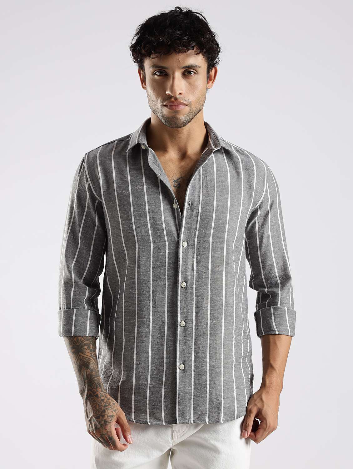 men striped long sleeve slim fit casual shirt