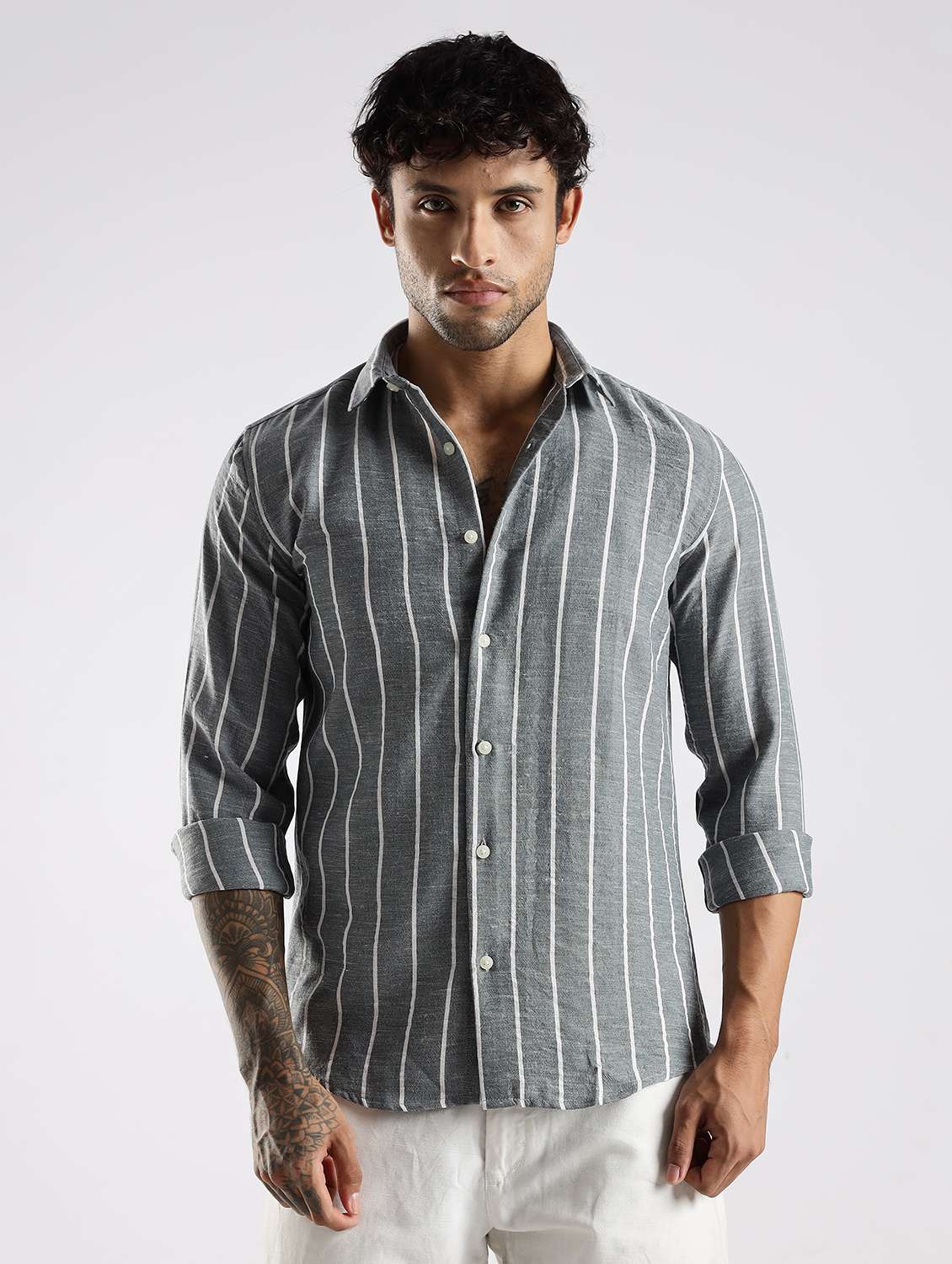 men striped long sleeve slim fit casual shirt