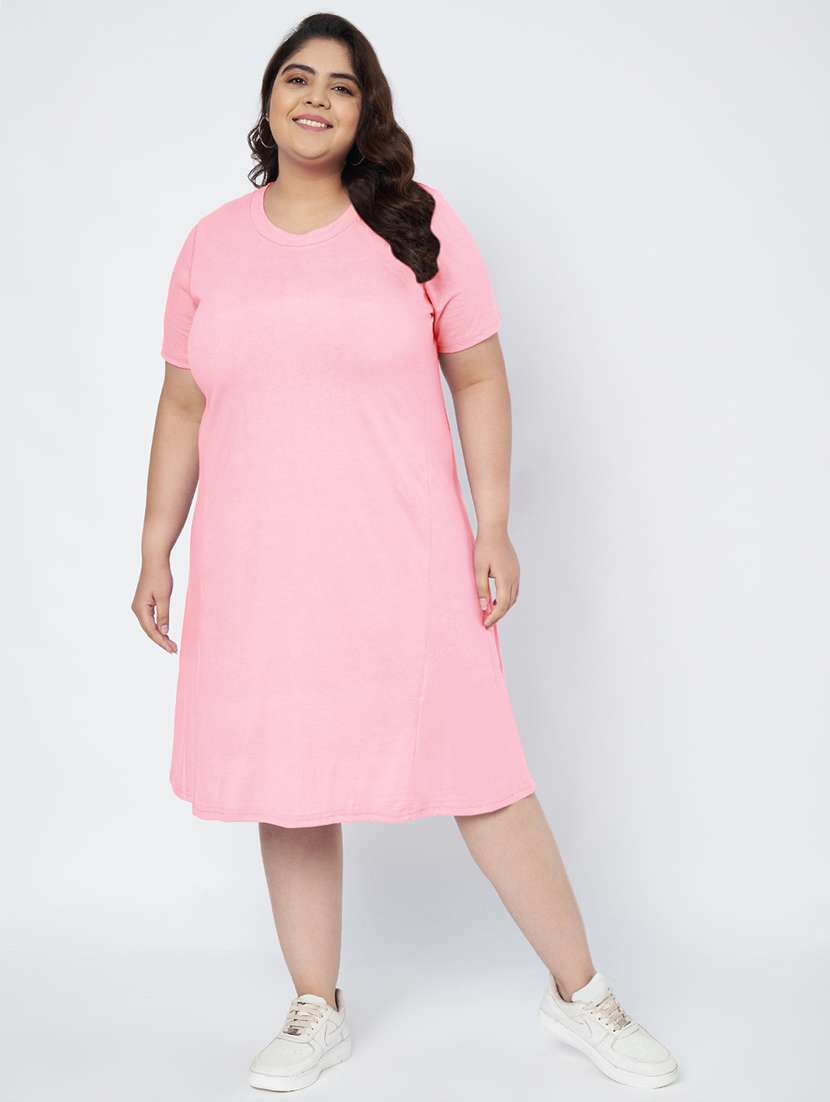 women plus size solid short sleeve a-line dress