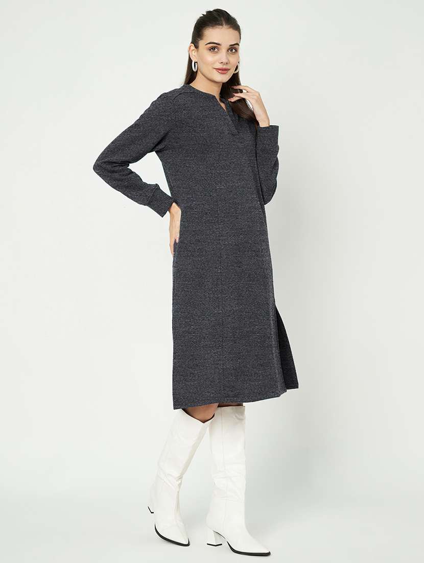 women solid long sleeve a-line dress - 22086784 -  Standard Image - 1