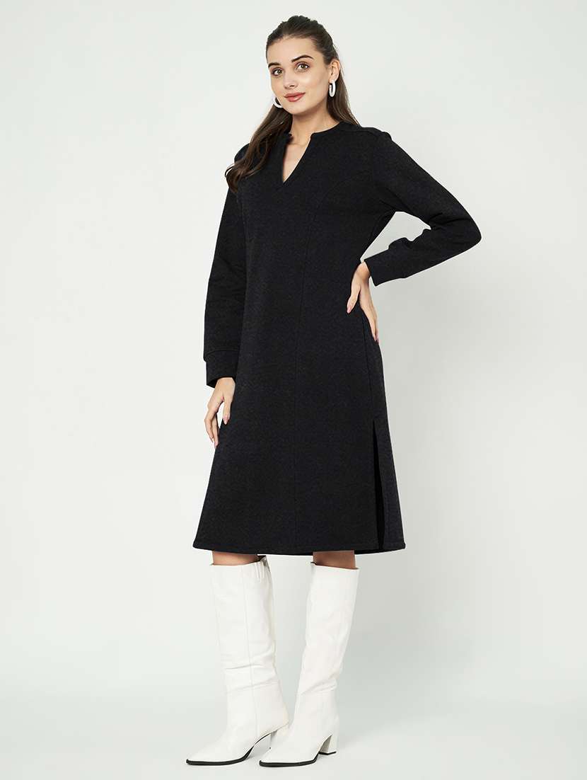 women solid long sleeve a-line dress - 22086786 -  Standard Image - 1