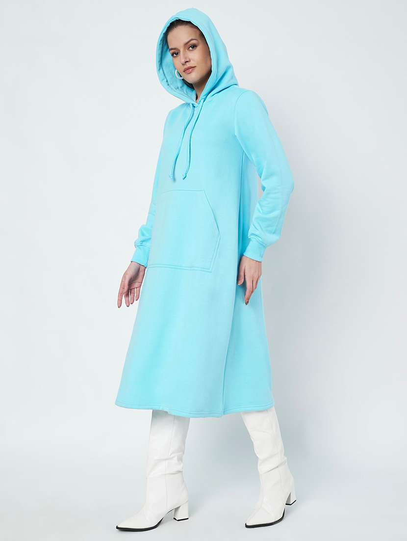 women solid long sleeve hooded a-line dress - 22086787 - Standard Image - 1
