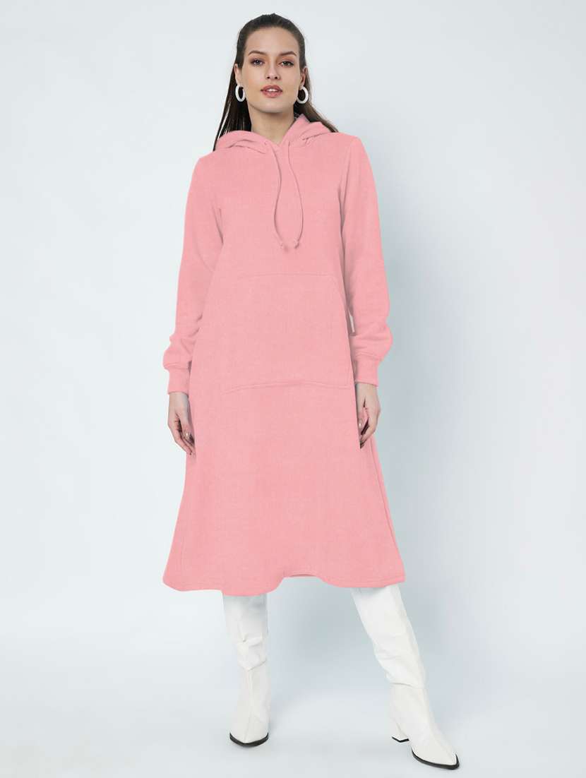 women solid long sleeve hooded a-line dress