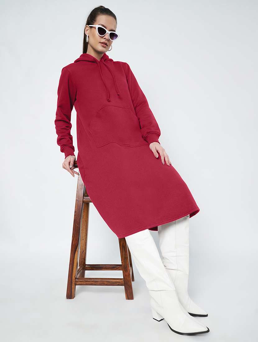 women solid long sleeve hooded a-line dress - 22086792 -  Standard Image - 1
