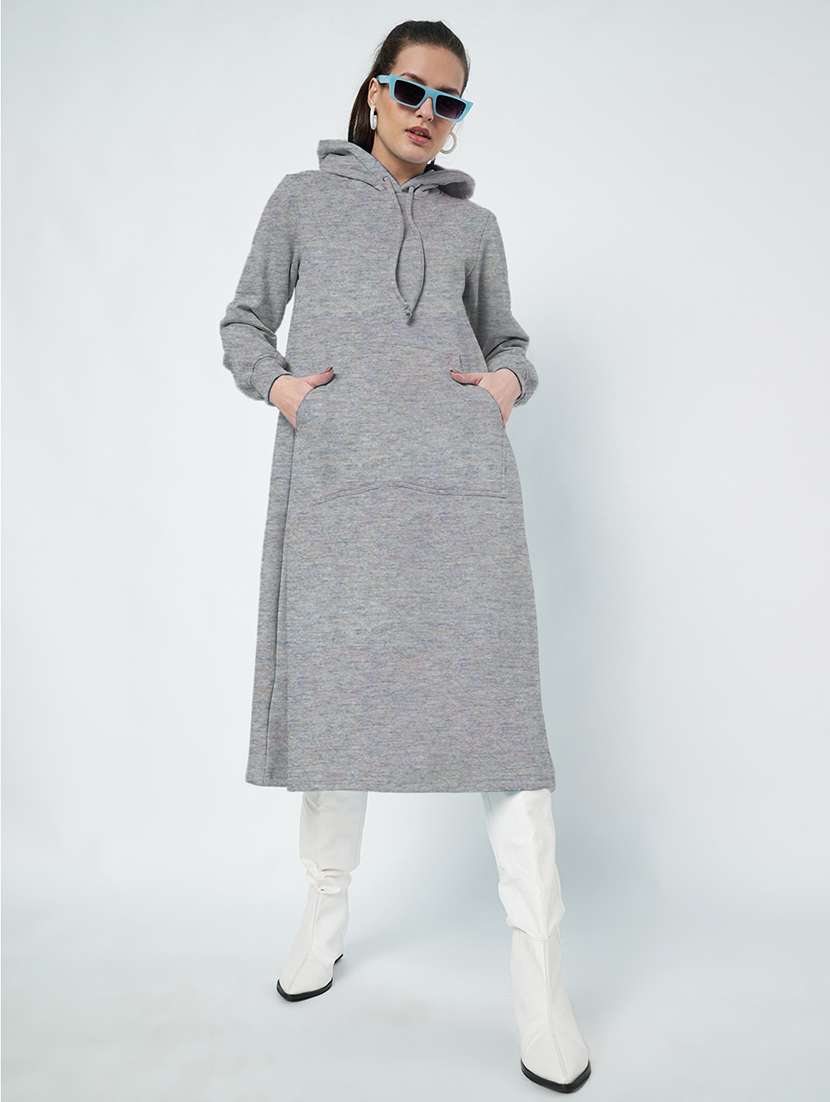 women solid long sleeve hooded a-line dress - 22086794 - Standard Image - 1