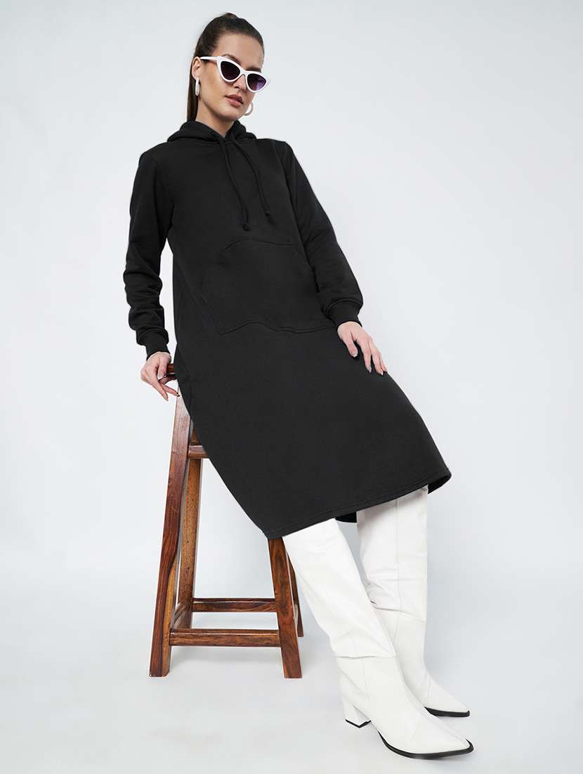 women solid long sleeve hooded a-line dress - 22086799 -  Standard Image - 1
