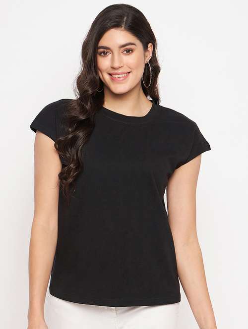 women blck solid short sleeve top - 22086821 - Standard Image - 0