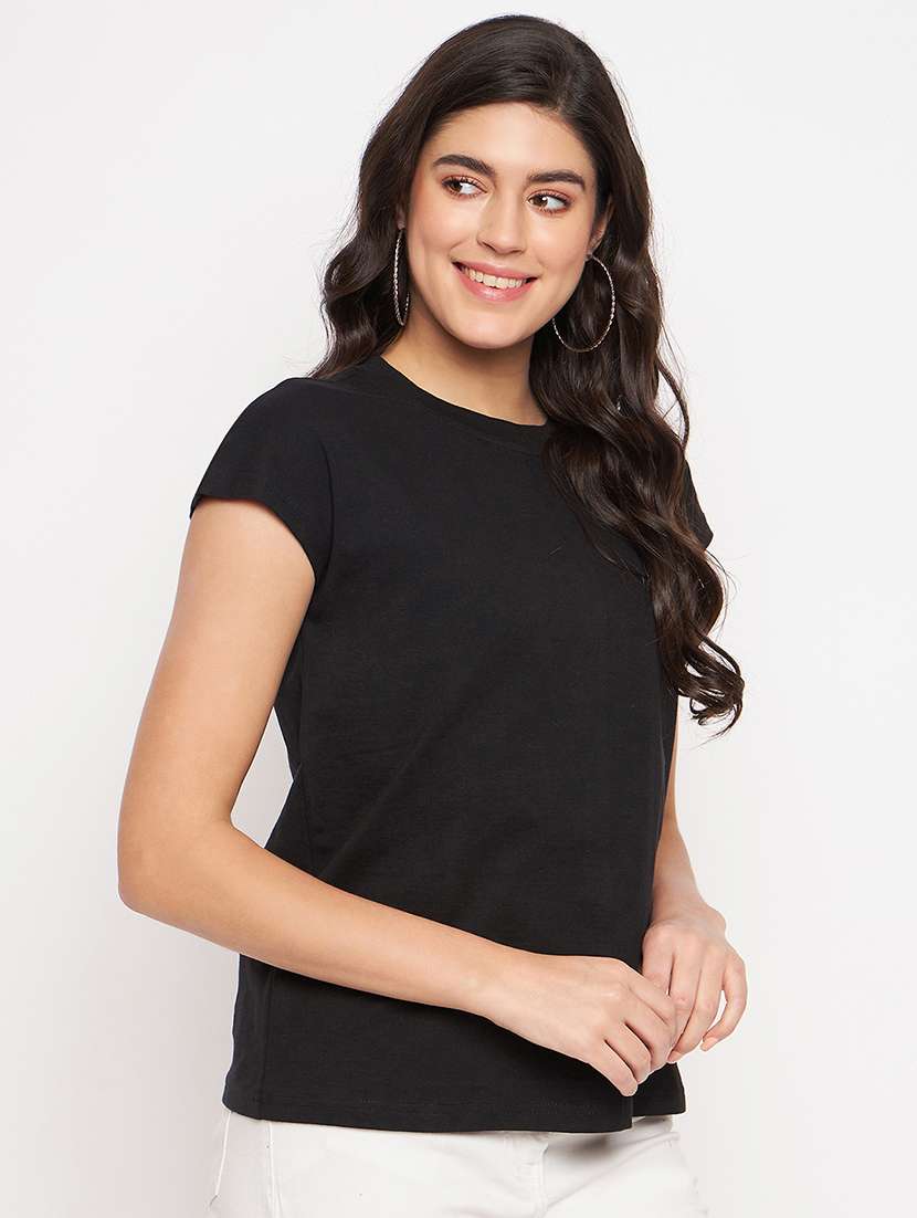 women blck solid short sleeve top - 22086821 - Standard Image - 1
