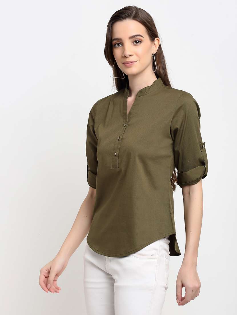 women solid roll-up sleeve regular top - 22086841 -  Standard Image - 1