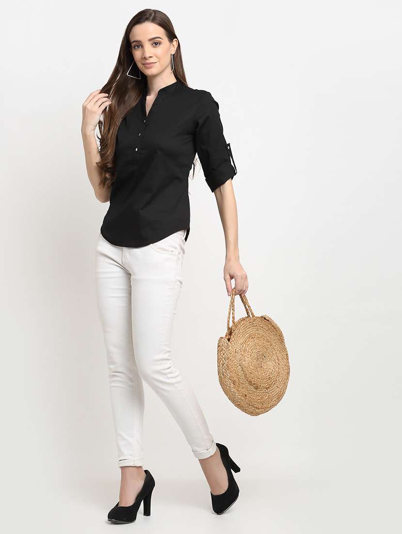 women solid roll-up sleeve regular top - 22086846 -  Standard Image - 4