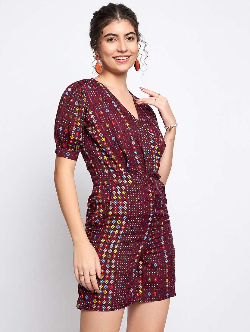 women printed puff sleeve overlap neck romper  - 22086855 -  Standard Image - 1