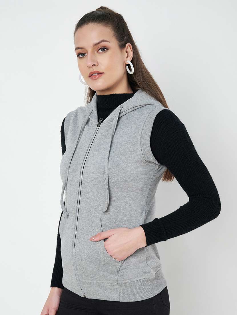 women solid sleeveless hooded sweatshirt - 22086935 -  Standard Image - 1