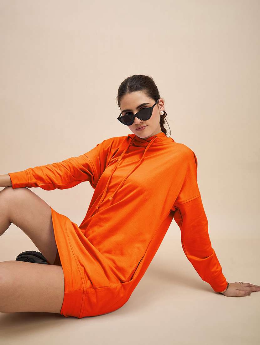 women solid long sleeve hooded dress