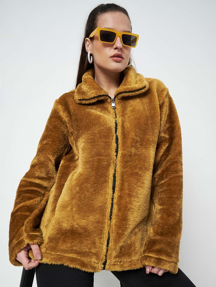 women solid stand collar long sleeve faux fur jacket - 22087106 -  Standard Image - 1