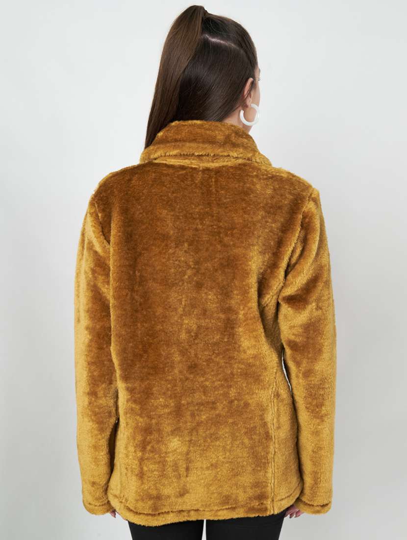 women solid stand collar long sleeve faux fur jacket - 22087106 -  Standard Image - 4