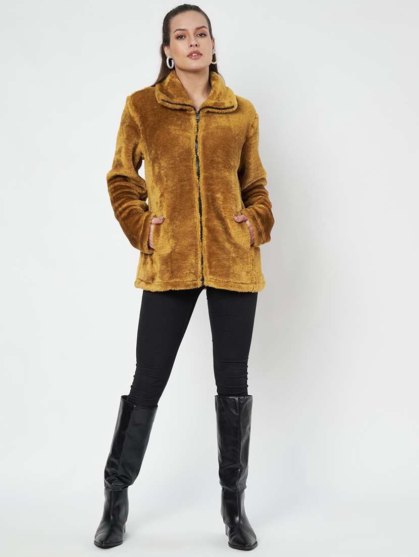 women solid stand collar long sleeve faux fur jacket - 22087106 -  Standard Image - 6