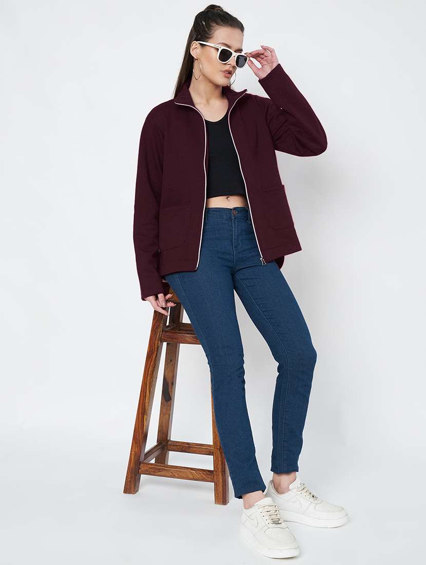 women solid stand collar long sleeve jacket - 22087123 -  Standard Image - 6