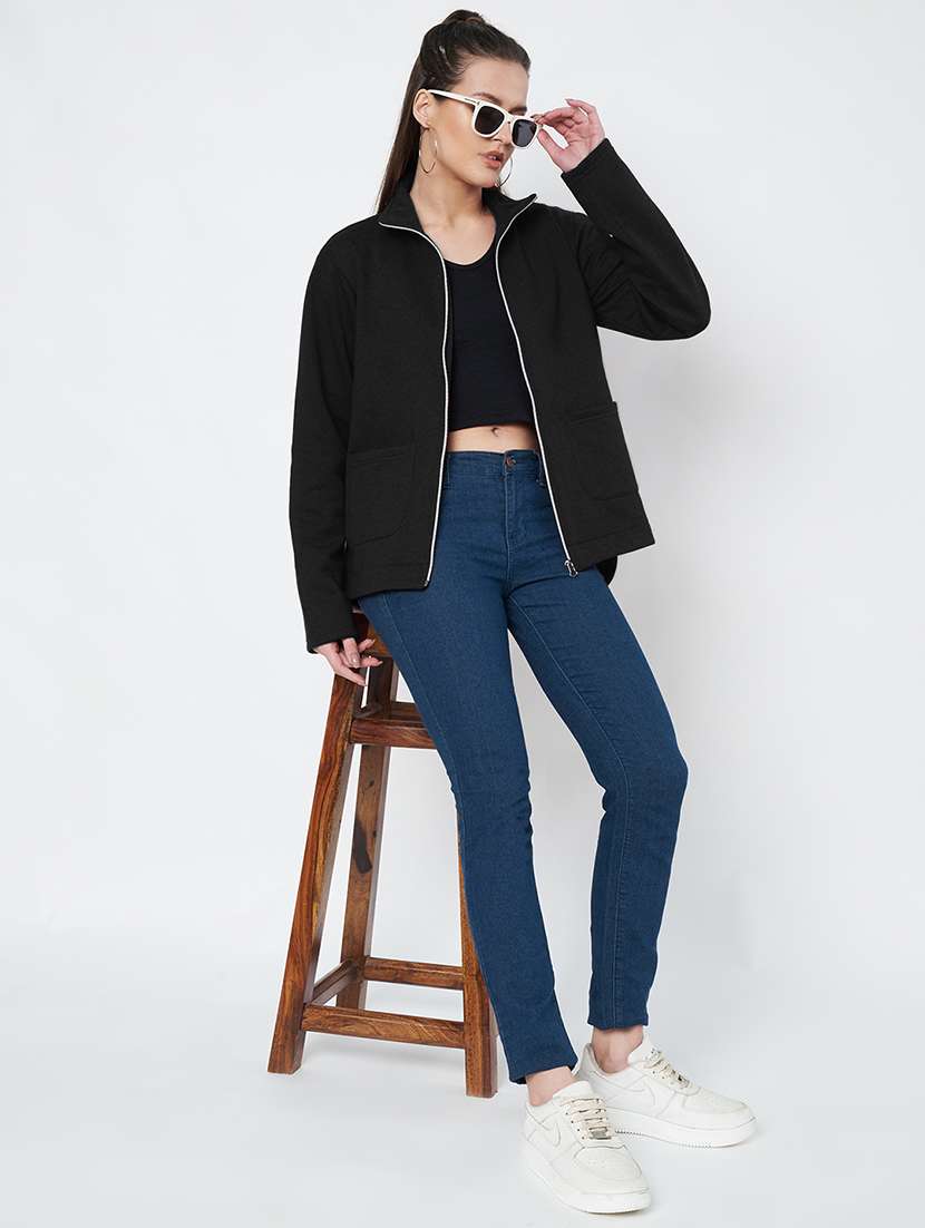 women solid stand collar long sleeve jacket - 22087124 -  Standard Image - 6