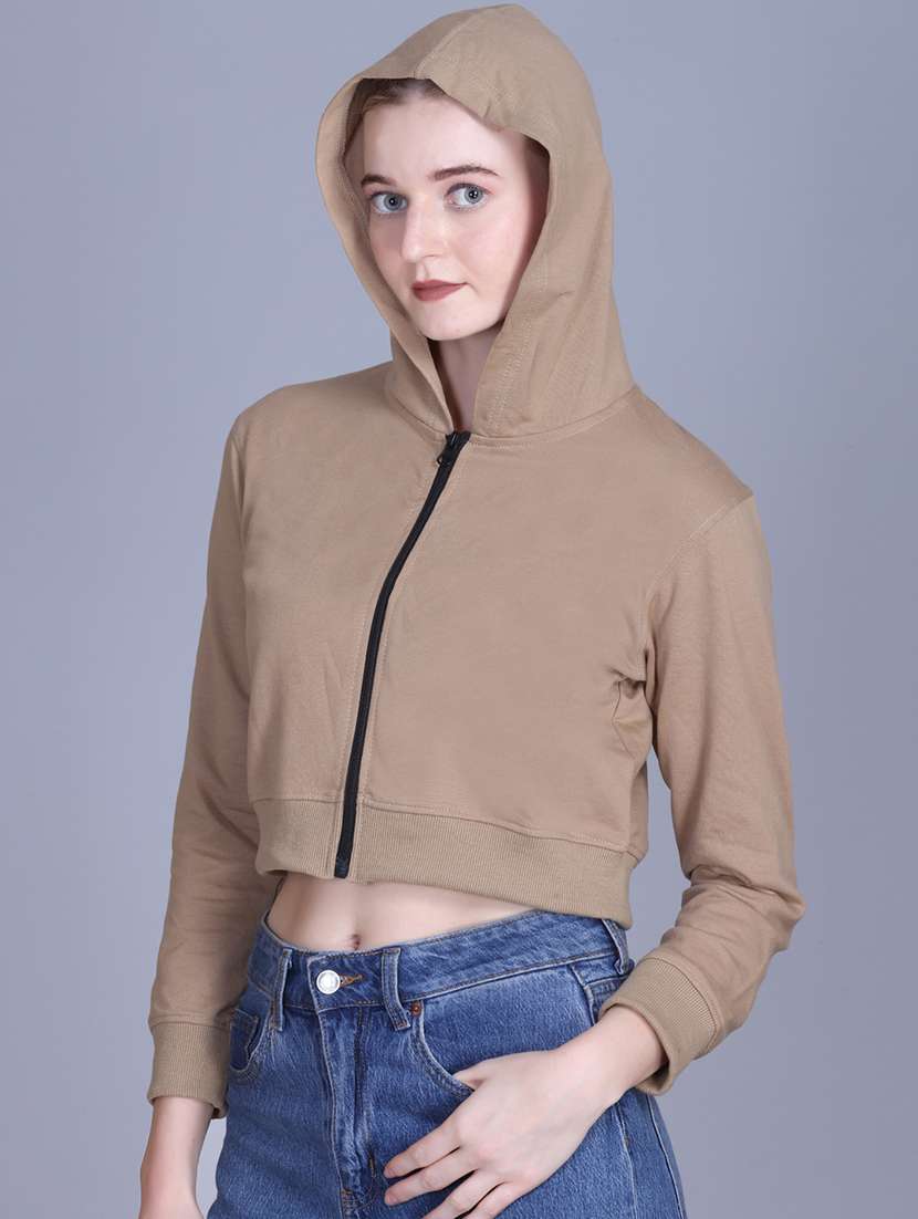 women solid long sleeve hooded sweatshirt - 22087128 -  Standard Image - 1