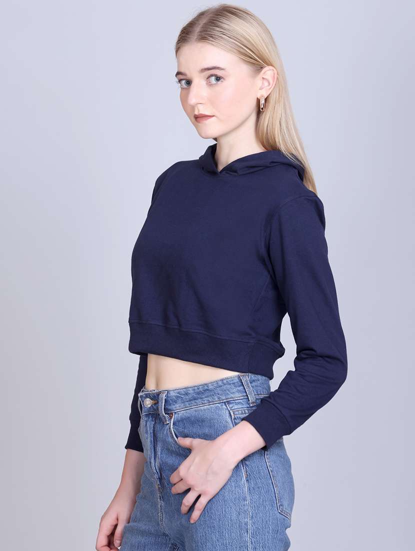women solid long sleeve hooded crop sweatshirt - 22087136 -  Standard Image - 1