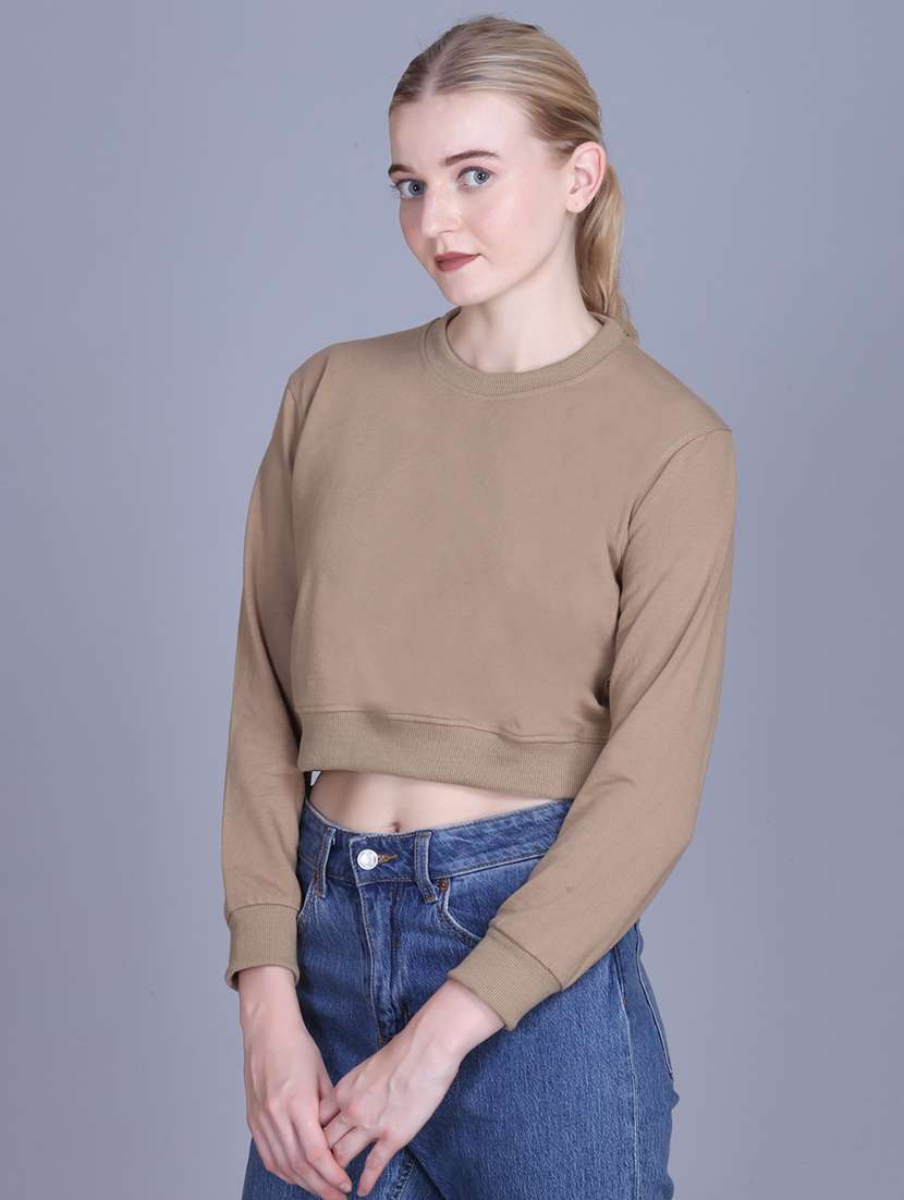 women solid long sleeve round neck crop sweatshirt - 22087139 -  Standard Image - 1