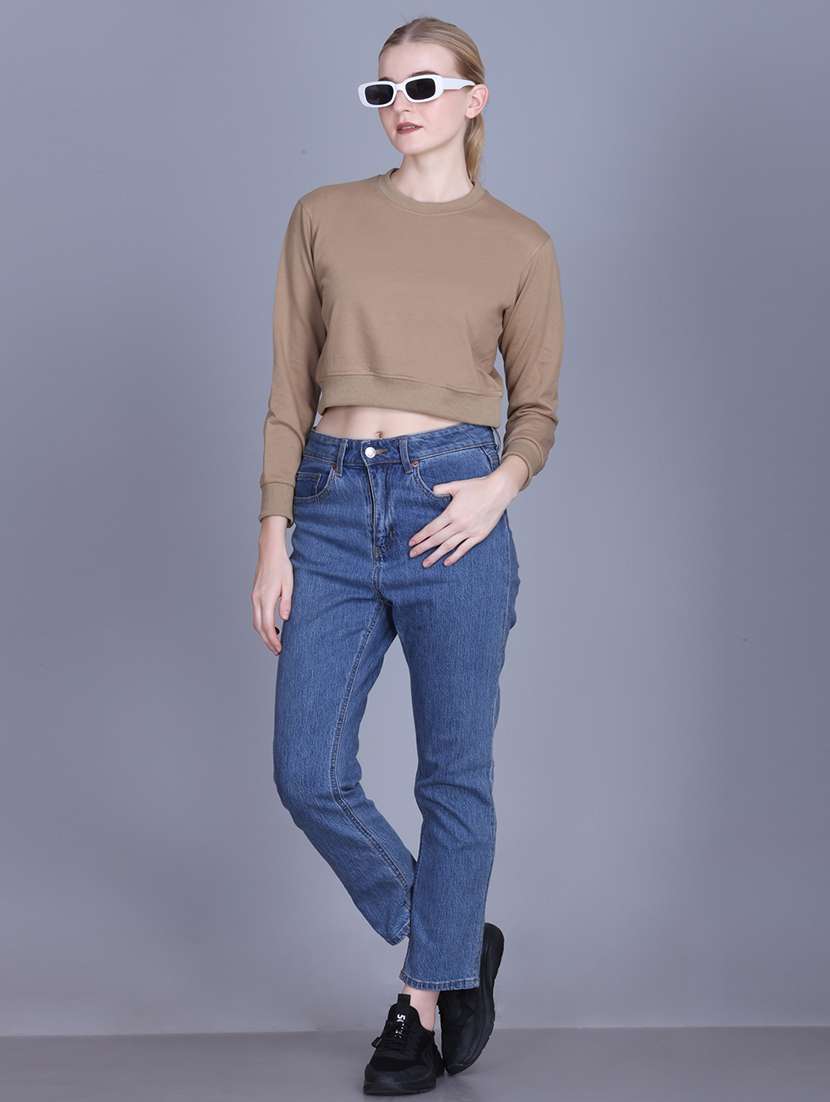 women solid long sleeve round neck crop sweatshirt - 22087139 -  Standard Image - 4