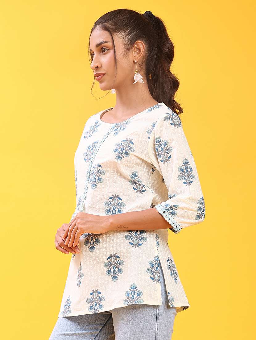 women floral printed three quarter sleeve straight kurti - 22087278 -  Standard Image - 1
