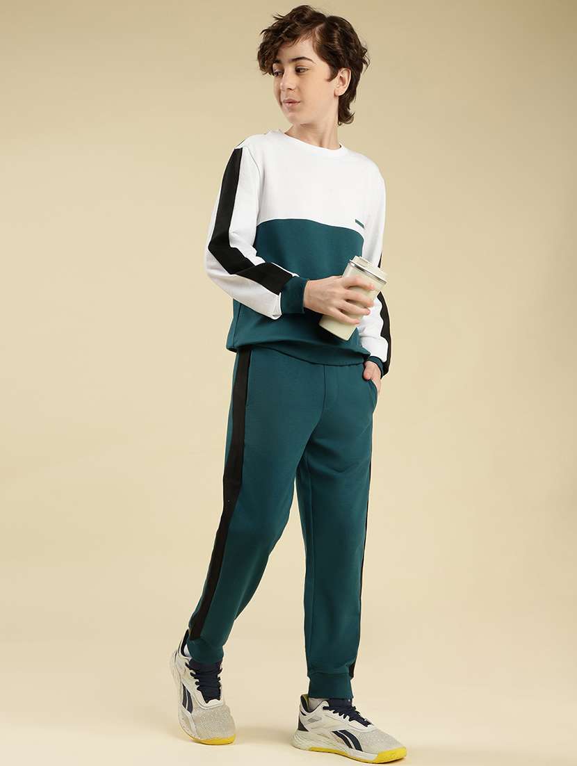 boys color block round neck full length track suit
